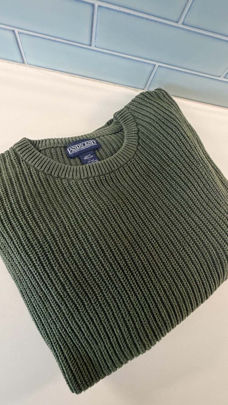 Lands' End Sweater Size L Green Cotton Fisherman Rib